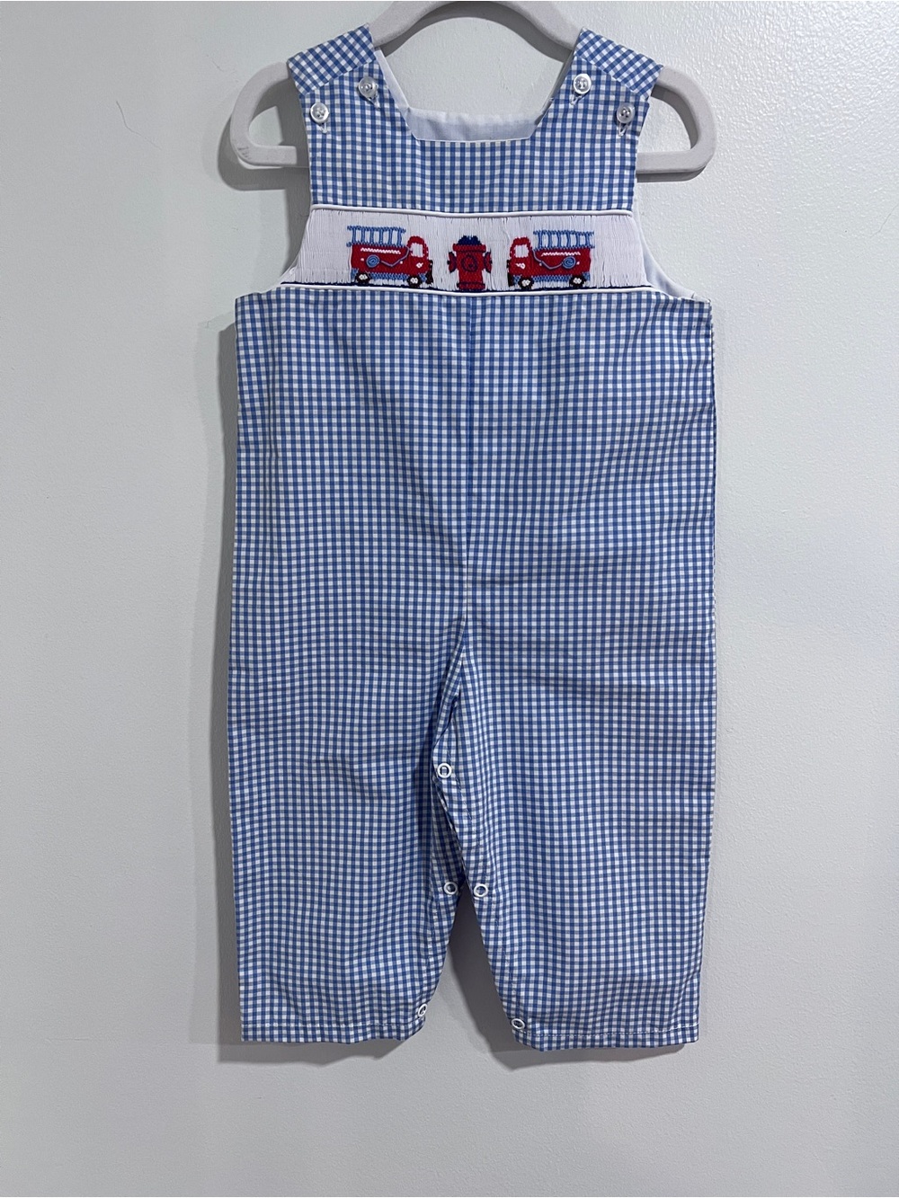 The Bailey Boys Fire Truck Smocked Gingham Jon Jon Longall 12M